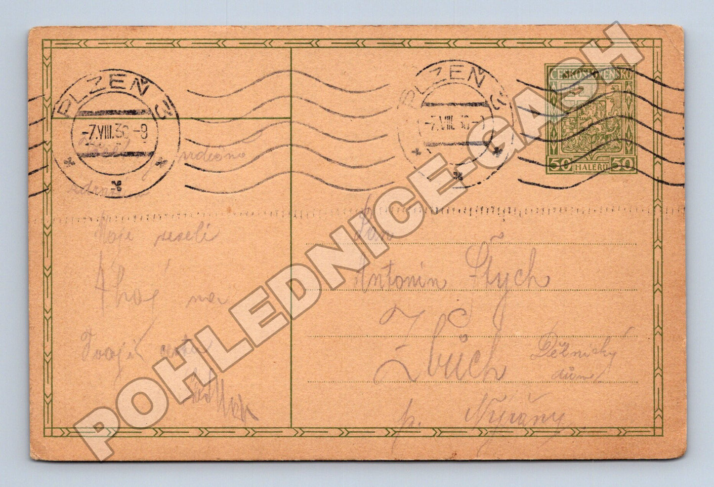 Pohlednice Plzeň, prázdná přední strana 1935 (M37926)