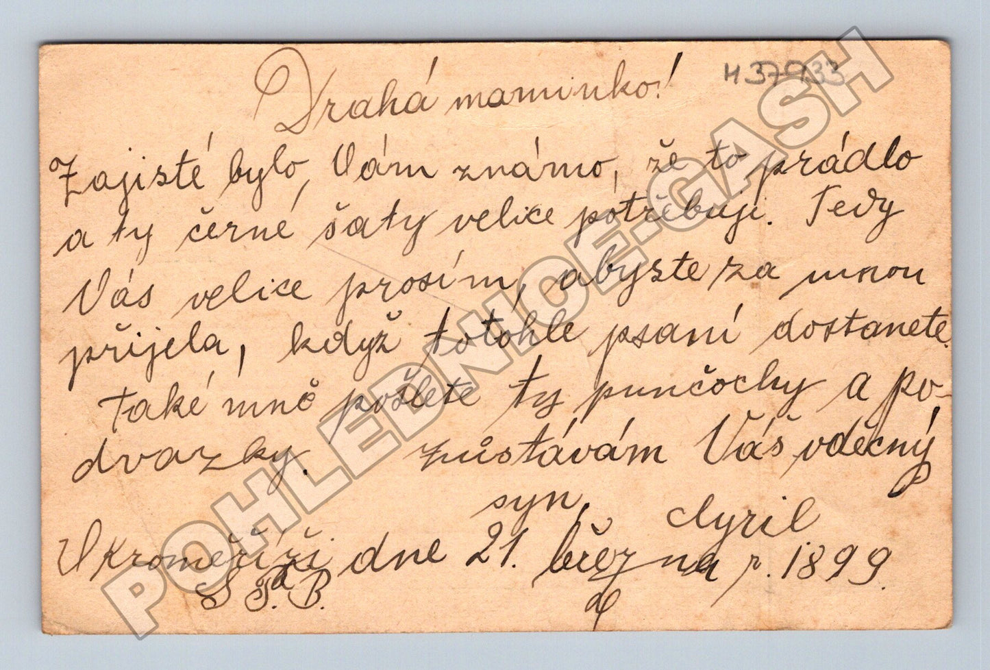 Pohlednice Kroměříž korespondenční lístek 1899 (M37933)