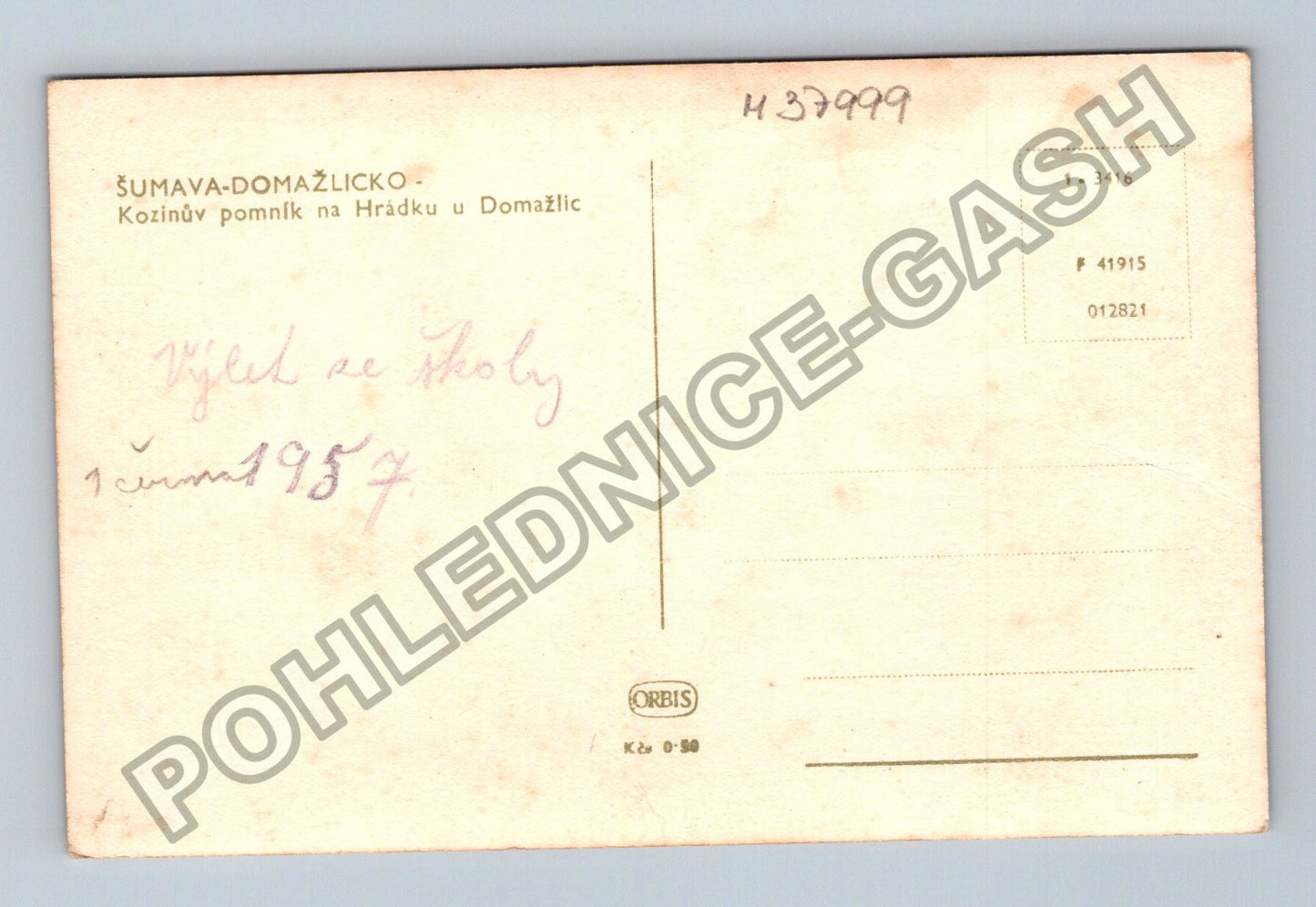 Pohlednice Šumava Domažlicko Kozinův pomník na Hrádku 1957 (M37999)