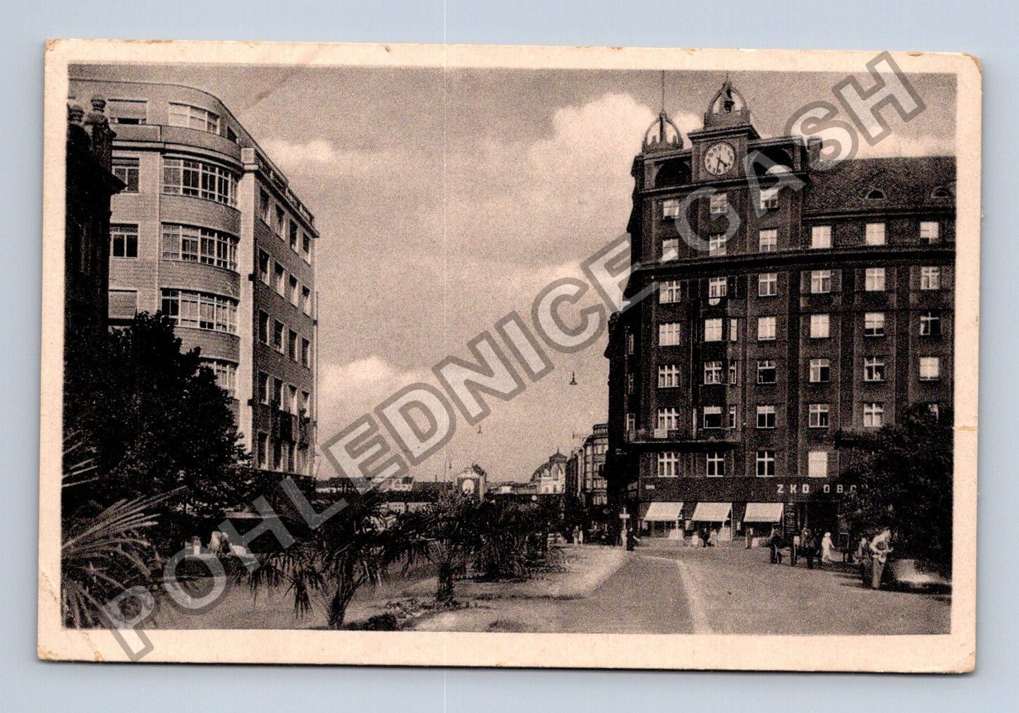 Pohlednice Plzeň ulice s budovami a palmami (M38016)