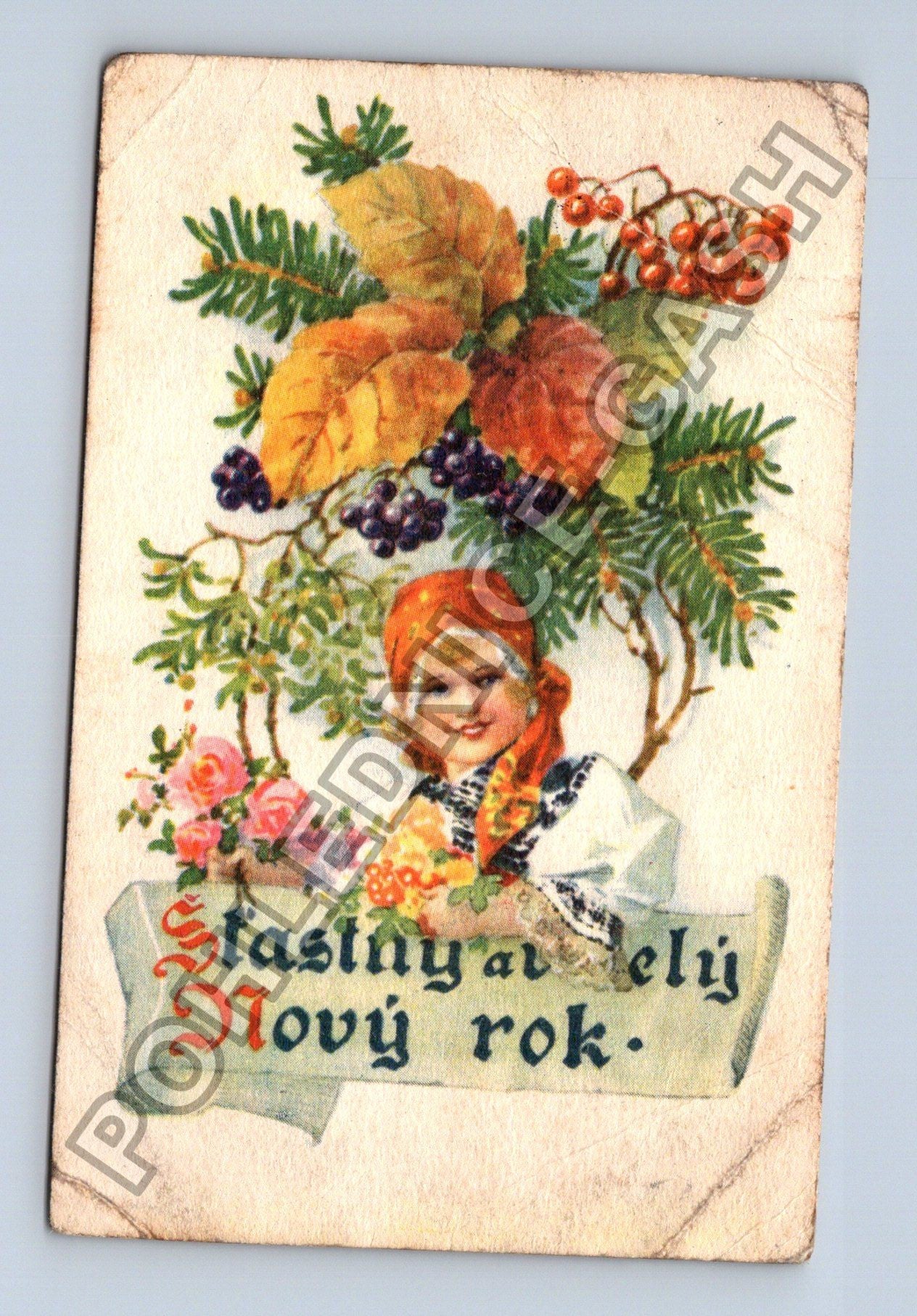 Pohlednice Šťastný a veselý Nový rok dívka květiny (M38109)