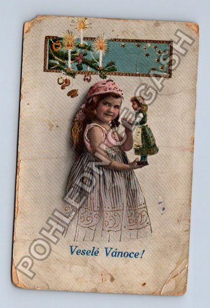 Pohlednice Veselé Vánoce dívka s panenkou (M38111)