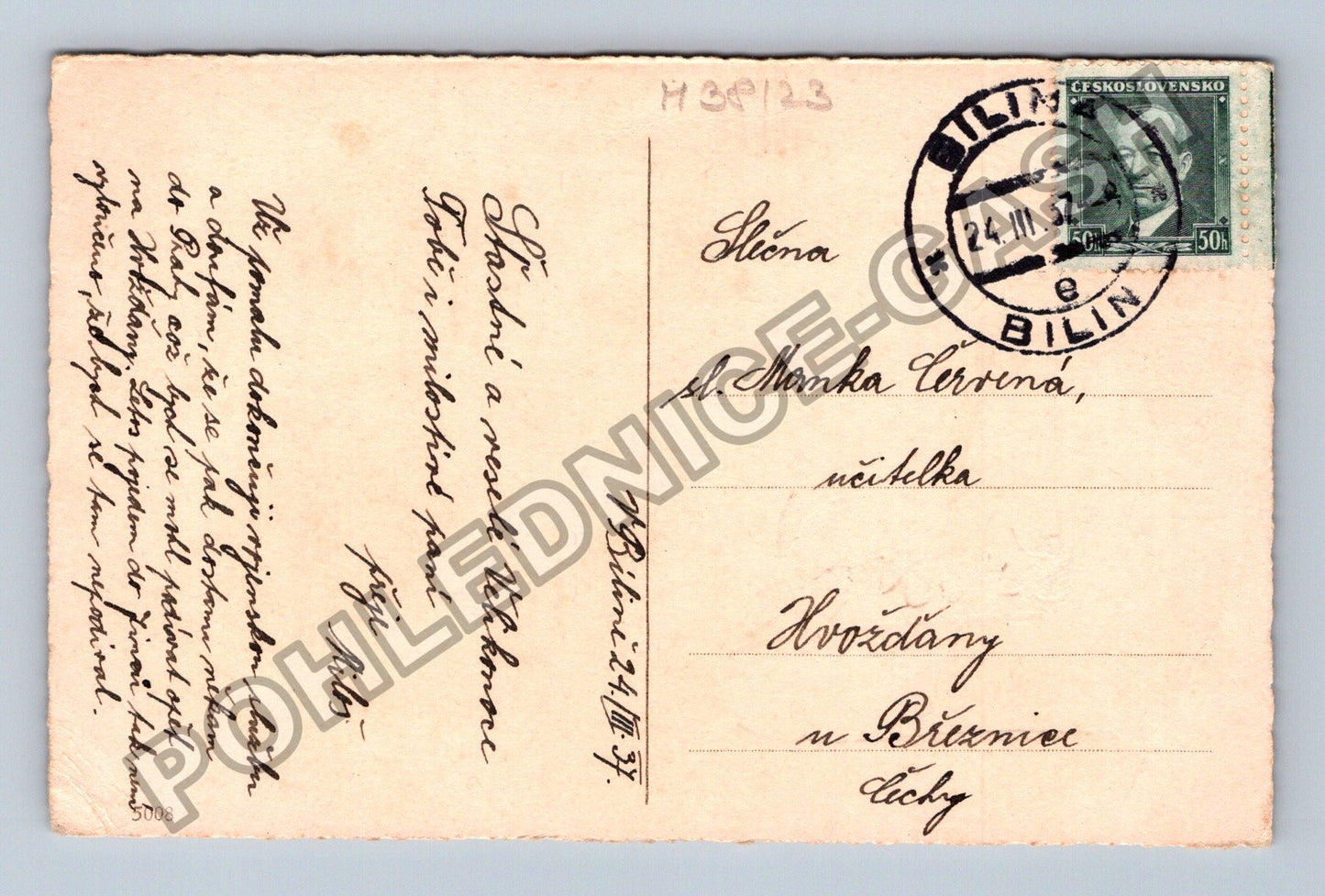 Pohlednice kuřátka vejce Velikonoce Bílina 1937 (M38123)