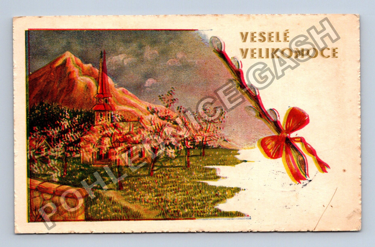 Pohlednice Velikonoce kostel rozkvetlé stromy (M38127)
