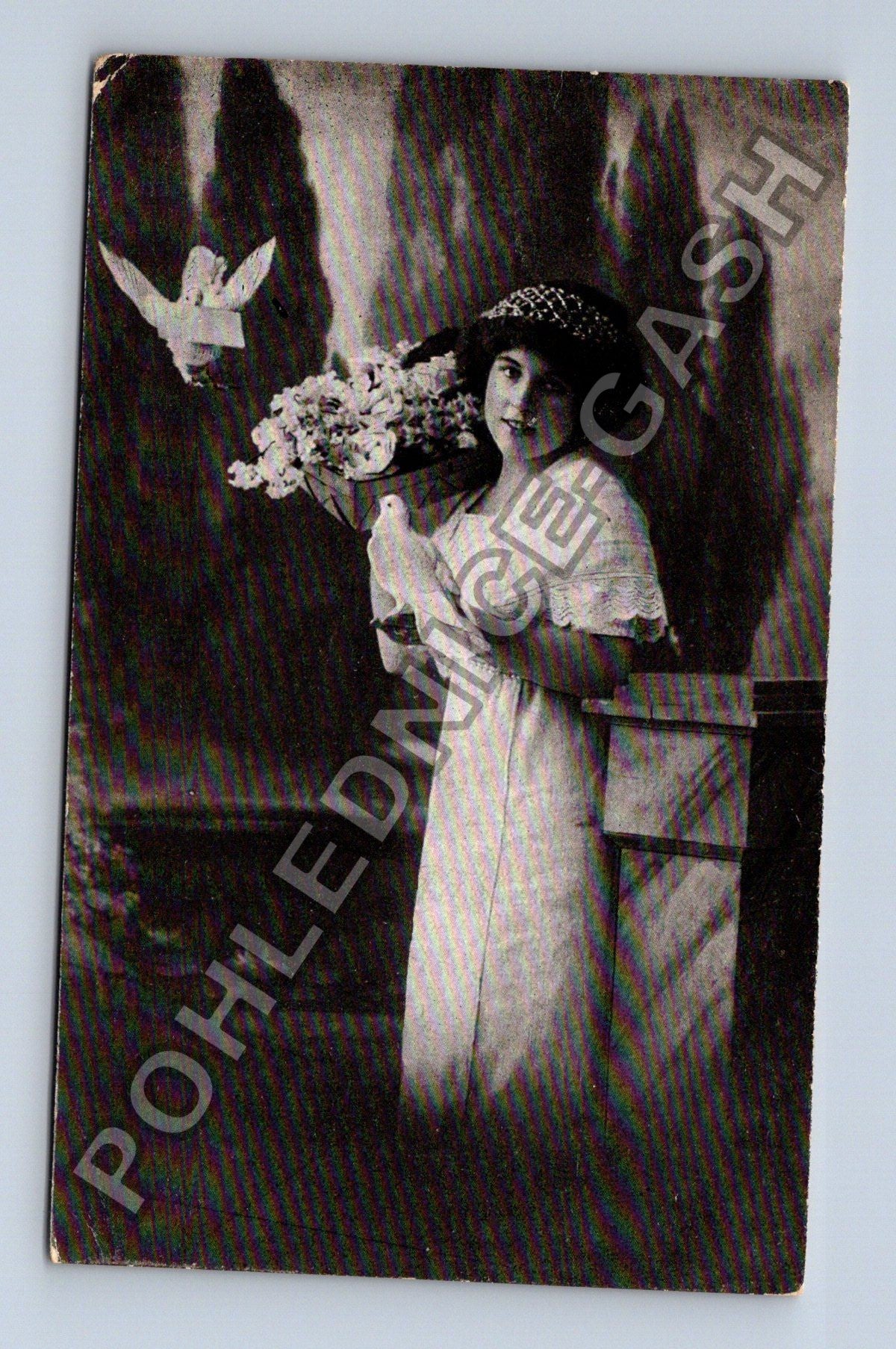Pohlednice Německo žena s holubicí a květinami 1912 (M38174)
