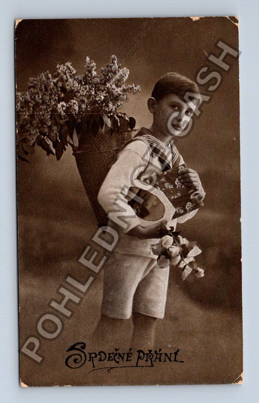 Pohlednice Chlapec s květinami Srdečné přání 1927 (M38182)