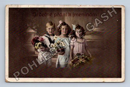 Pohlednice Srdečné přání k jmeninám děti s květinami (M38189)