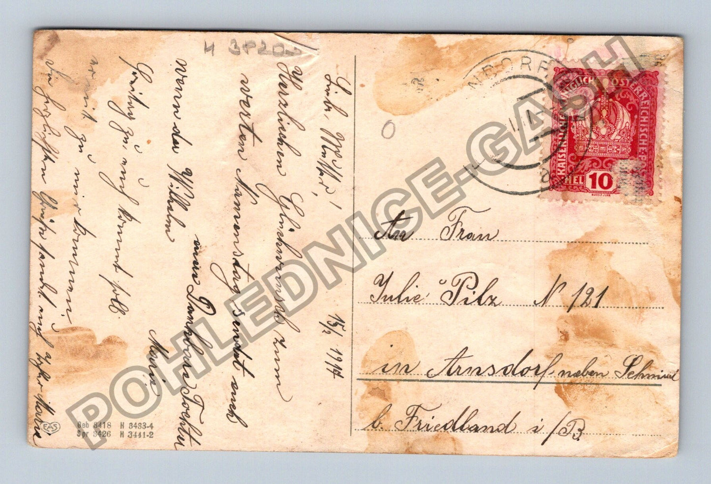 Pohlednice Rakousko kytice fialek stuha nápis Ewig Dein 1914 (M38203)