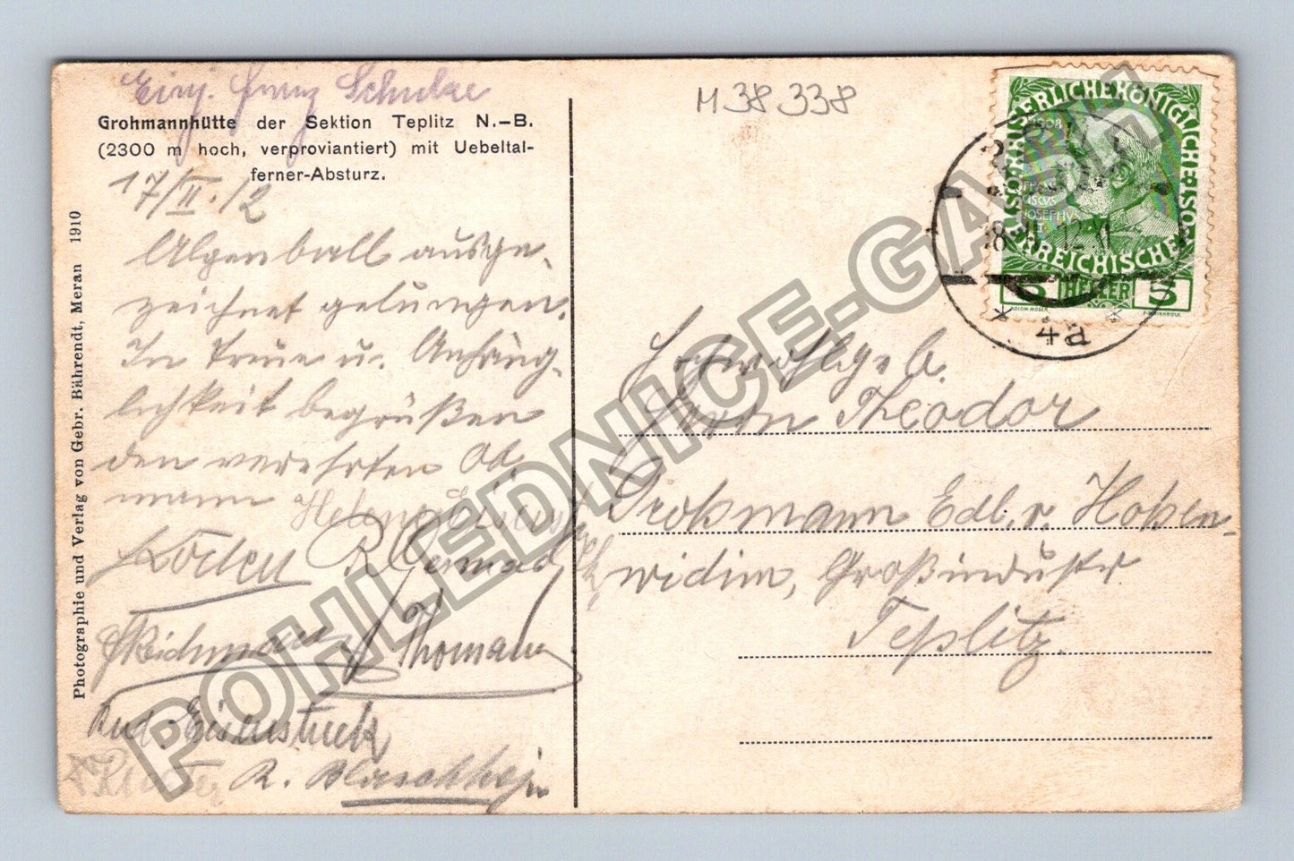Pohlednice Rakousko Grohmannhütte Sektion Teplitz N.-B. 1910 (M38338)
