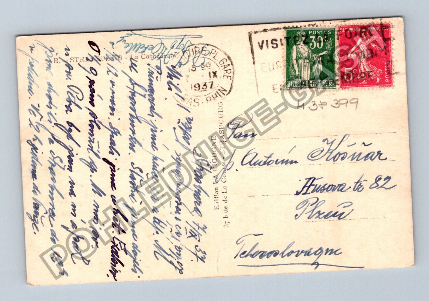 Pohlednice Francie Štrasburk katedrála 1937 (M38399)