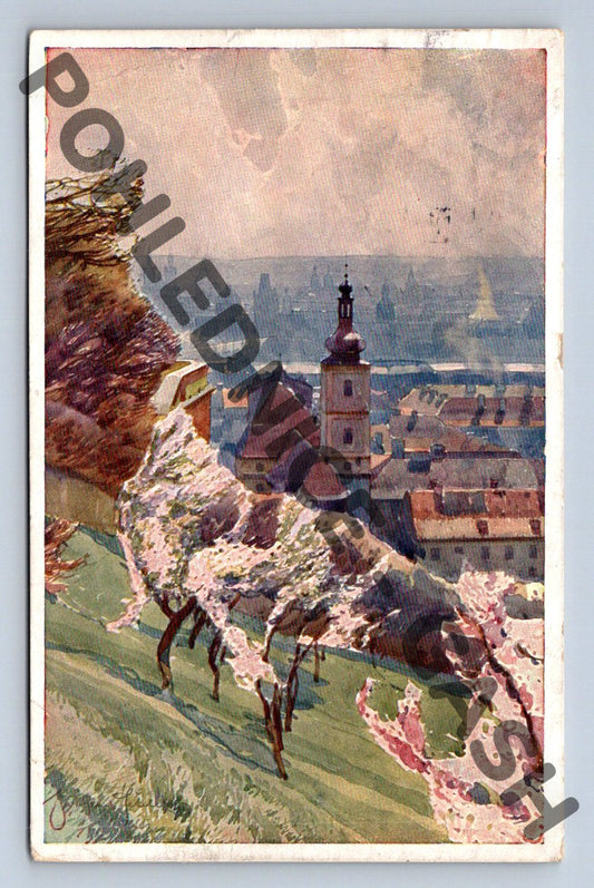 Pohlednice Praha Seminářské zahrady akvarel J Šetlík 1929 (M384)