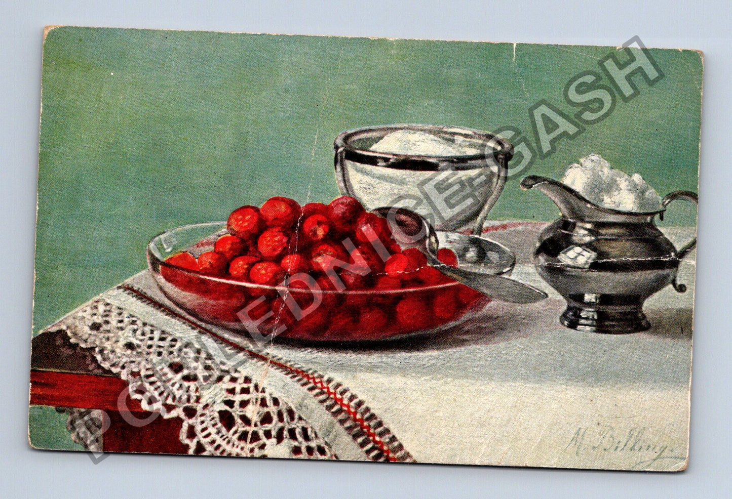 Pohlednice Ovoce třešně miska cukr smetana (M38479)