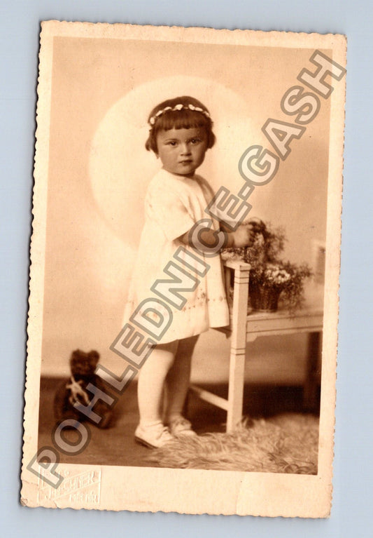 Stará fotografie Dítě s medvídkem a květinami ateliér Synek (M38568)