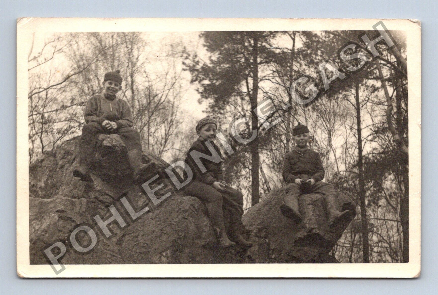 Stará fotografie Tři chlapci v lese na skalách (M38654)
