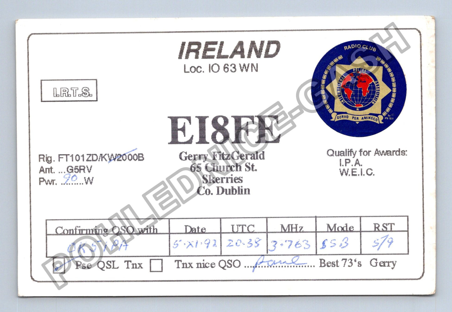 Starý Irsko QSL lístek Gerry FitzGerald Skerries (M38720)