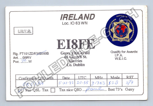 Starý Irsko QSL lístek Gerry FitzGerald Skerries (M38720)