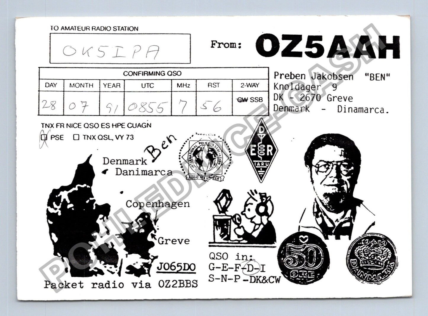 Starý Dánsko QSL lístek amatérské rádio 1991 (M38726)
