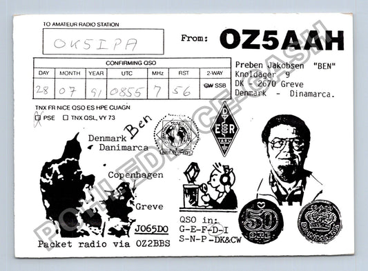 Starý Dánsko QSL lístek amatérské rádio 1991 (M38726)