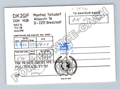 Starý Německo QSL lístek radioamatérská stanice 1993 (M38730)