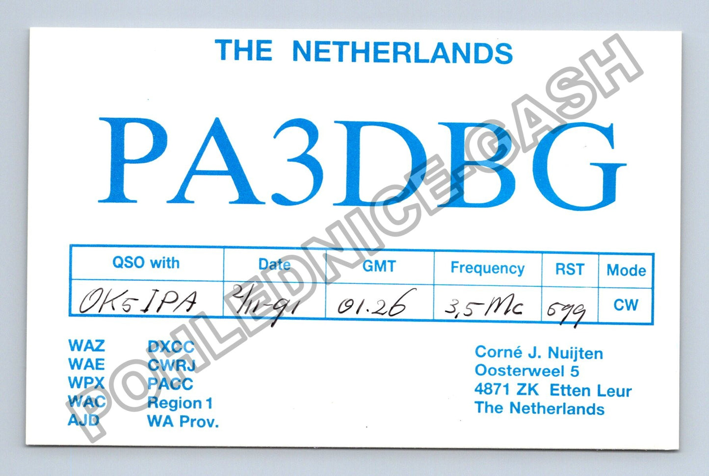 Starý Nizozemsko QSL karta PA3DBG OK5-IPA 1991 (M38736)