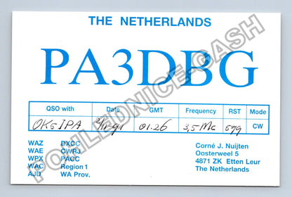 Starý Nizozemsko QSL karta PA3DBG OK5-IPA 1991 (M38736)