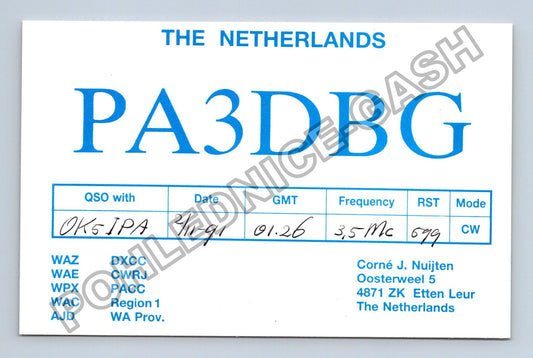 Starý Nizozemsko QSL karta PA3DBG OK5-IPA 1991 (M38736)