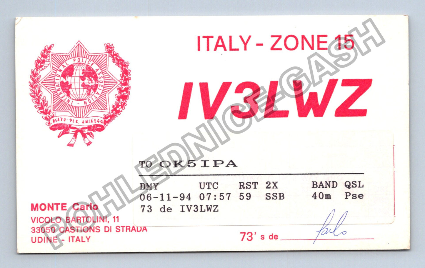 Starý Itálie Monte Carlo QSL lístek 1994 (M38746)