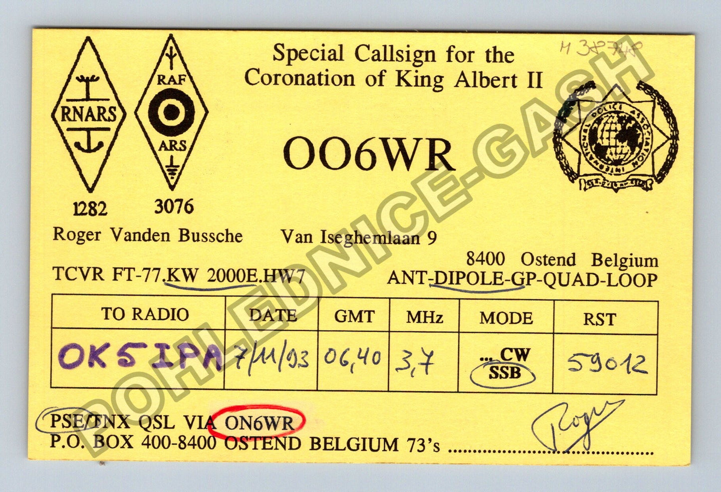Starý Belgie Ostend QSL QSL OK5IPA 1993 (M38748)