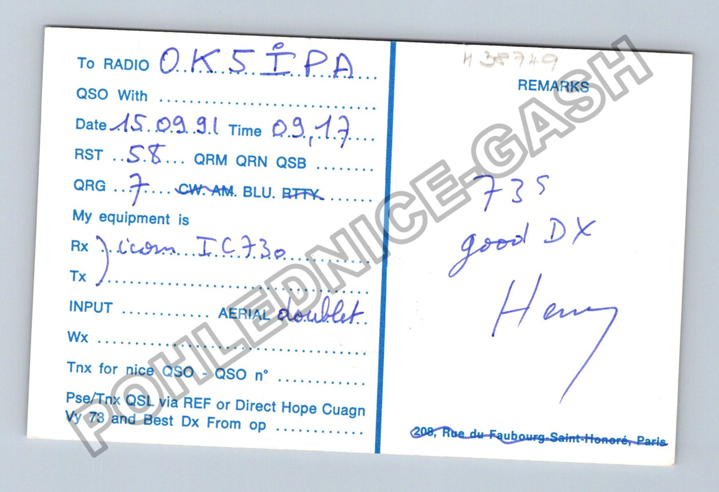 Starý Francie IPA QSL karta 1991 (M38749)