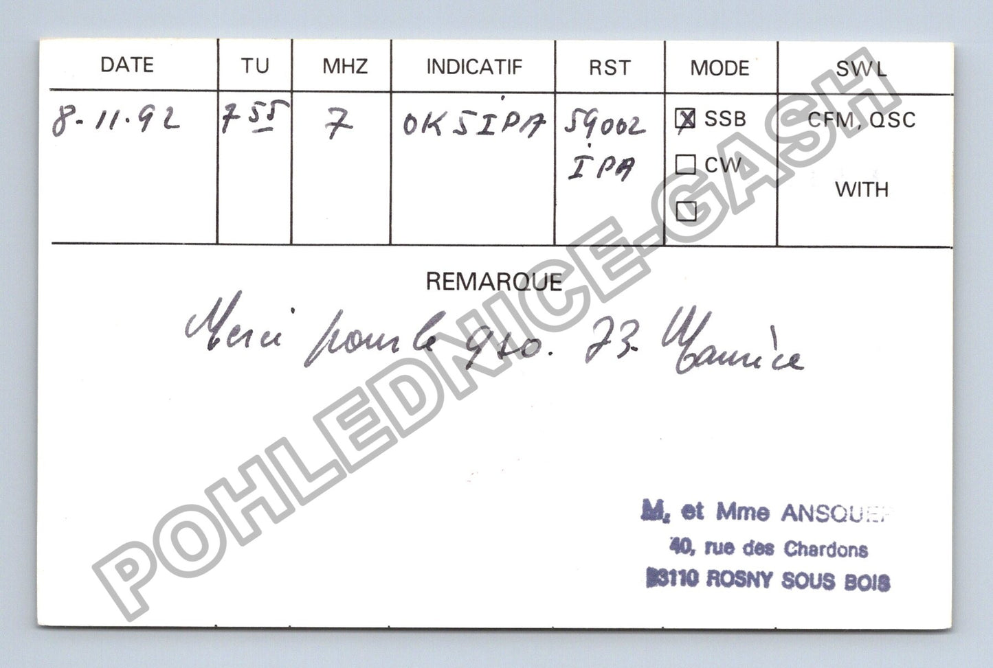 Starý Francie QSL karta radioamatér OK5IPA F6BOA-93 1992 (M38757)