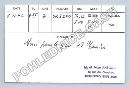 Starý Francie QSL karta radioamatér OK5IPA F6BOA-93 1992 (M38757)