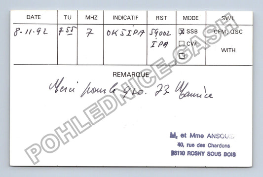 Starý Francie QSL karta radioamatér OK5IPA F6BOA-93 1992 (M38757)