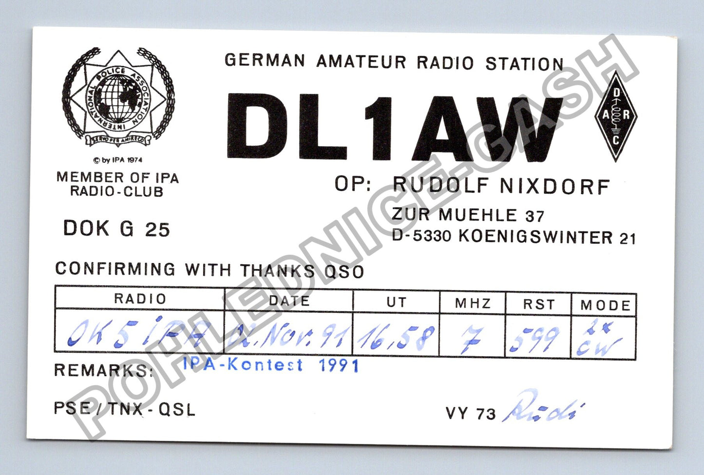 Starý Německo QSL lístek DL1AW Rudolf Nixdorf 1991 (M38758)