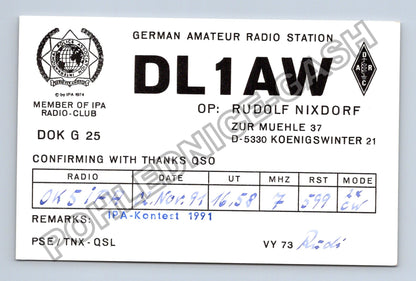 Starý Německo QSL lístek DL1AW Rudolf Nixdorf 1991 (M38758)
