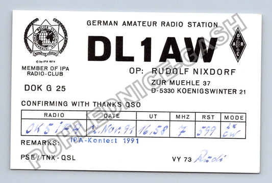 Starý Německo QSL lístek DL1AW Rudolf Nixdorf 1991 (M38758)