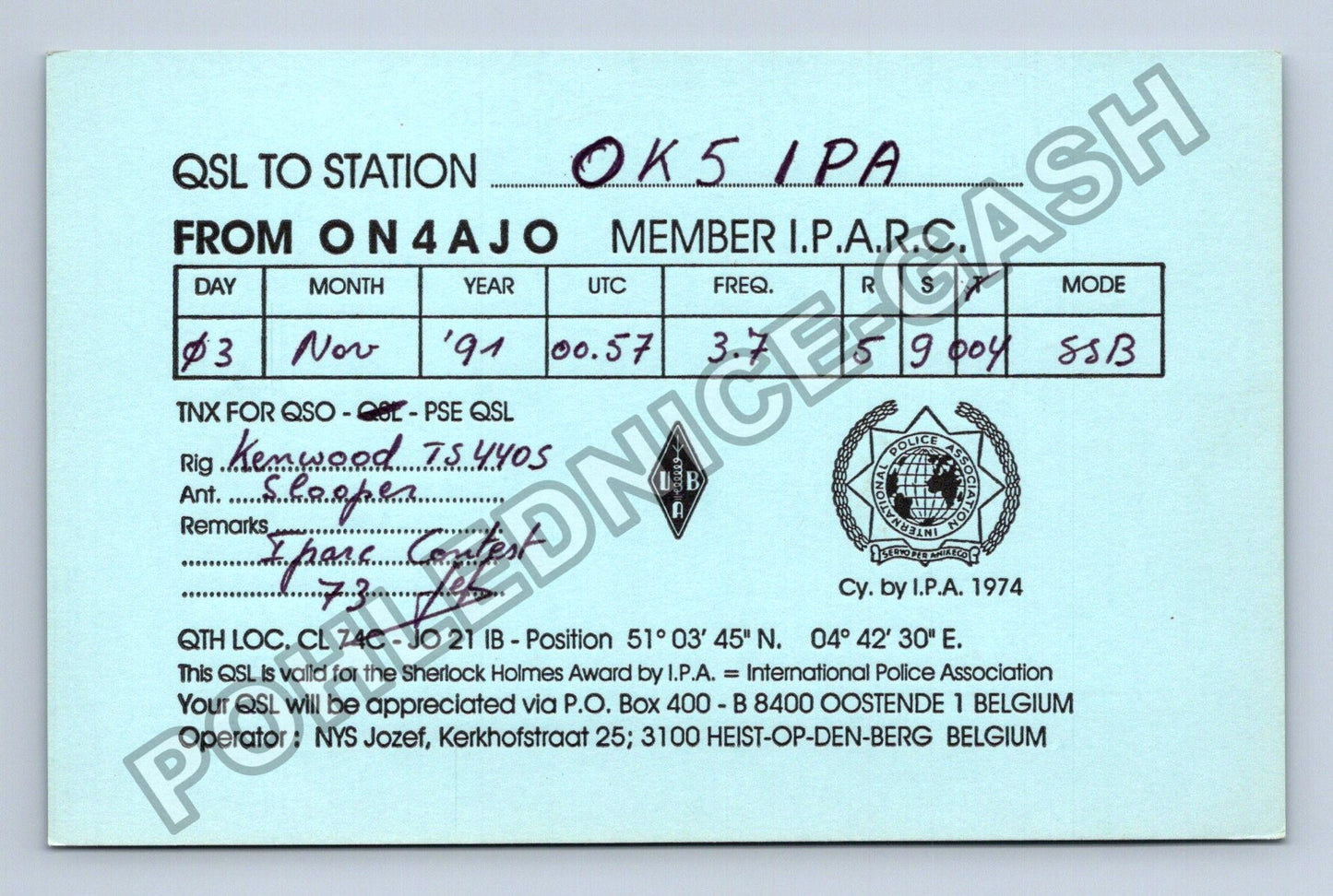 Starý QSL karta ON4AJO OK5IPA 1991 (M38759)