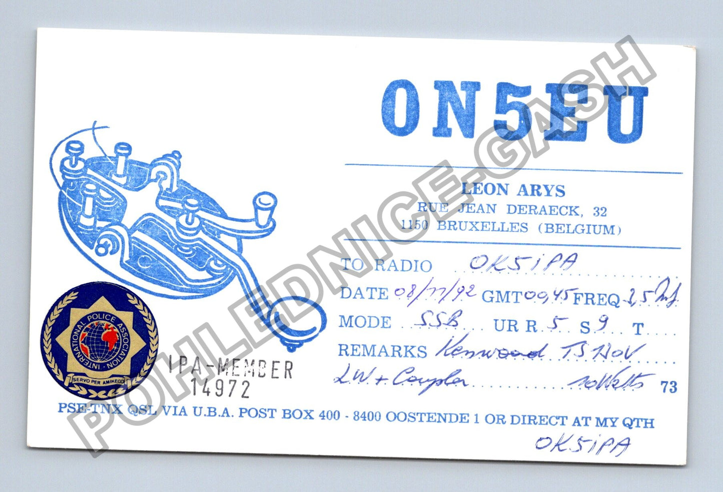 Starý Belgie Brusel QSL lístek radioamatér ON5EU 1992 (M38760)