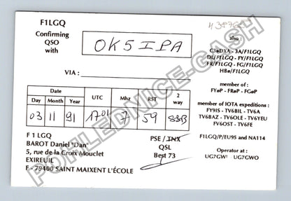 Starý Francie F1 LGQ radioamatérská QSL karta 1991 (M38765)