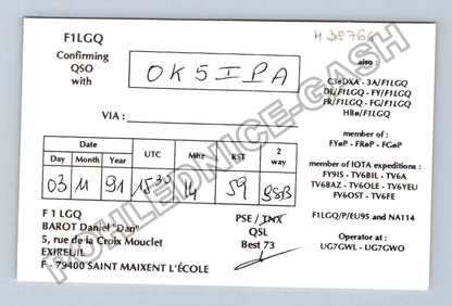 Starý Francie F1 LGQ radioamatérský QSL lístek 1991 (M38766)