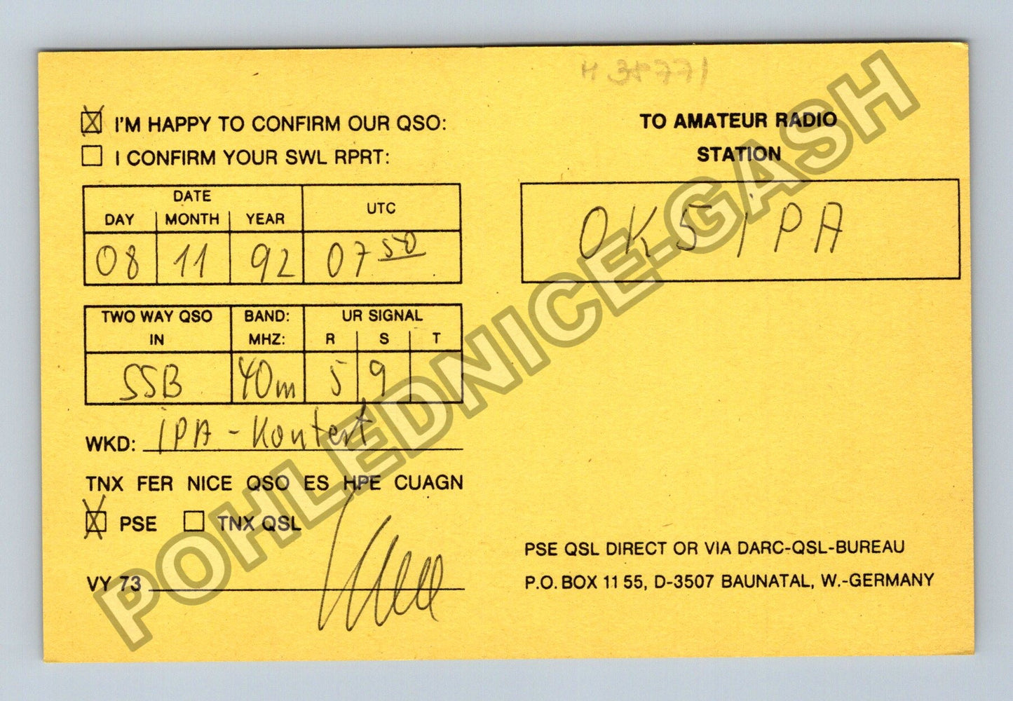 Starý Německo Grossenwiehe QSL lístek 1992 (M38771)