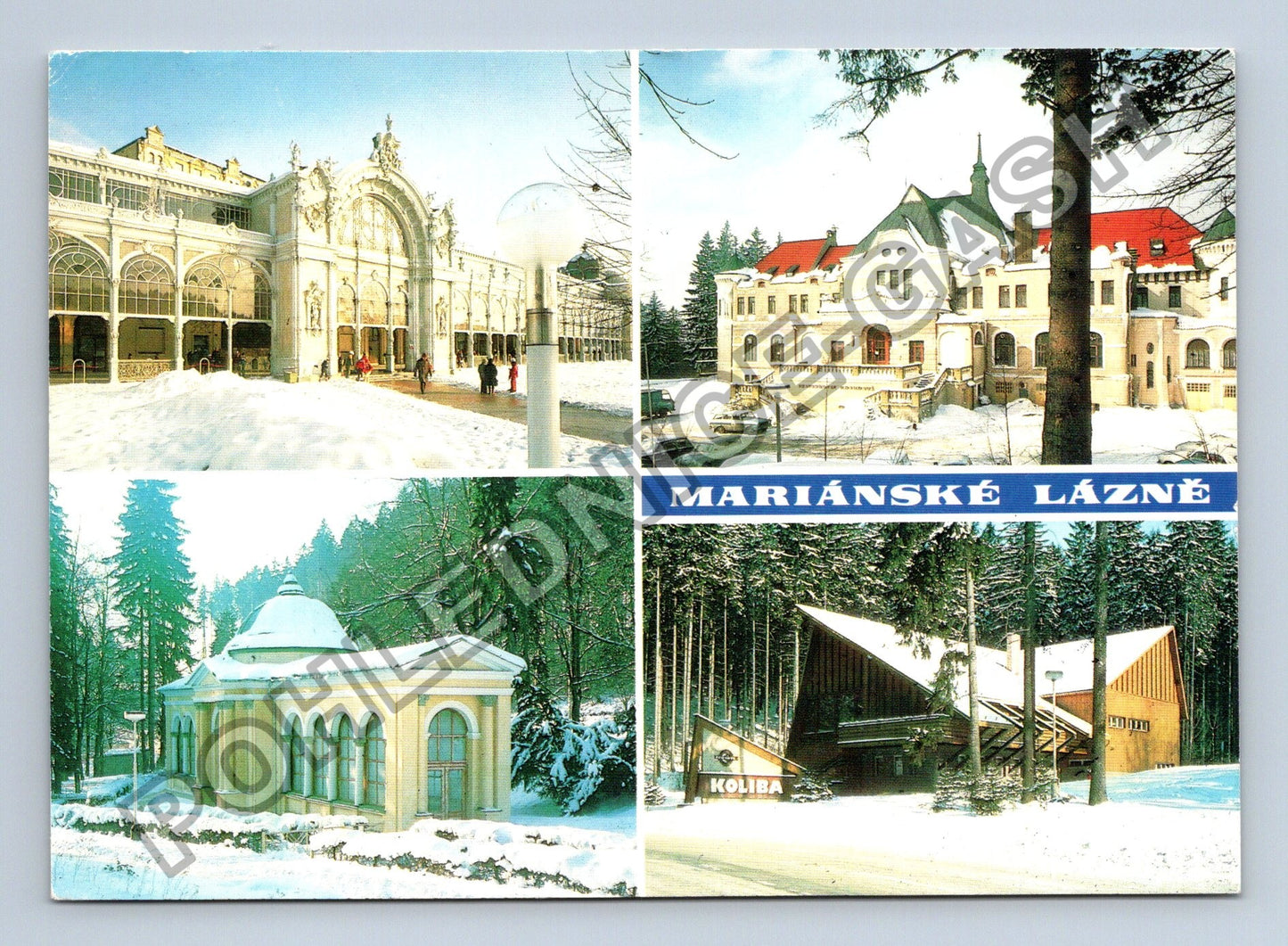 Pohlednice Mariánské Lázně koláž zimní motivy 1989 (M38843)