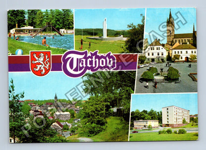 Pohlednice Tachov koláž koupaliště památník kostel (M38866)