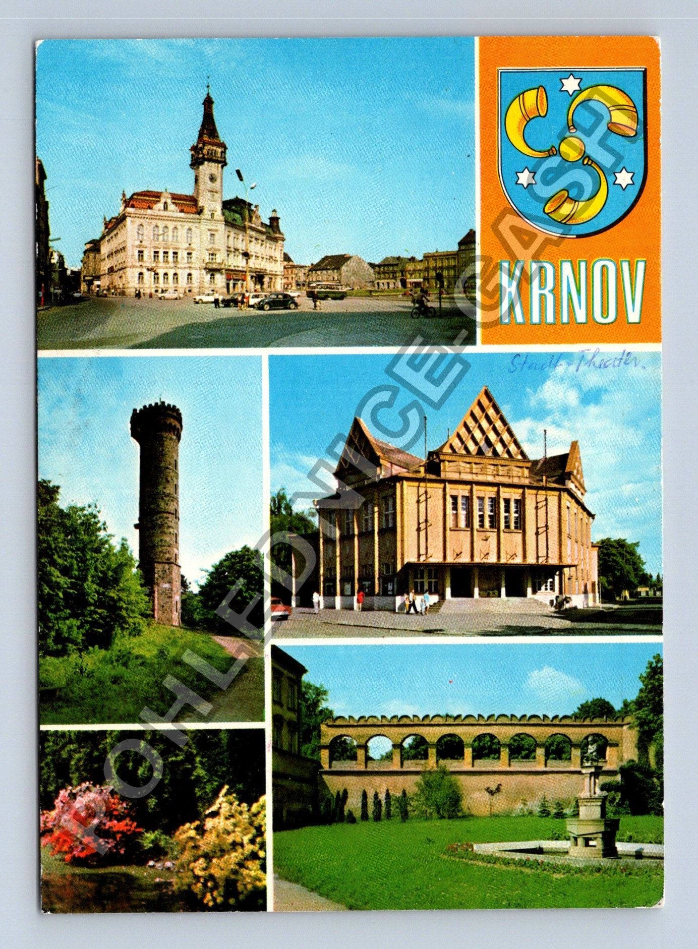 Pohlednice Krnov náměstí s radnicí rozhledna divadlo (M38872)