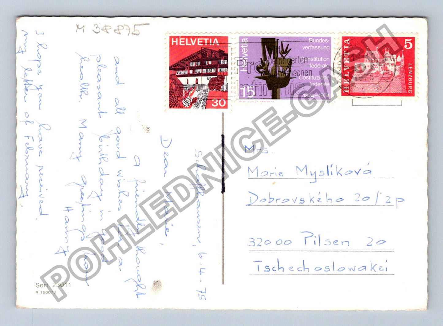 Pohlednice Švýcarsko kytice tulipány pomněnky 1975 (M38875)