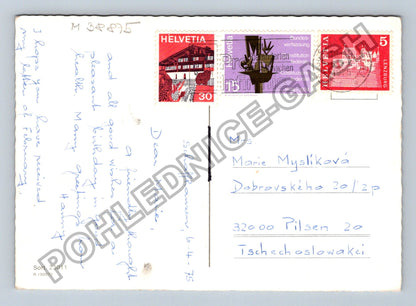 Pohlednice Švýcarsko kytice tulipány pomněnky 1975 (M38875)