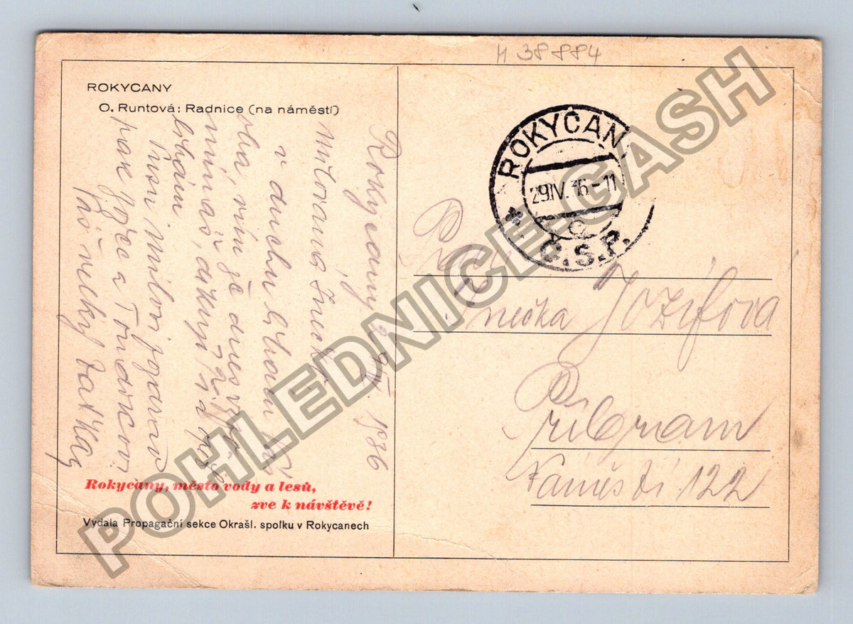 Pohlednice Rokycany Radnice na náměstí O. Runtová 1936 (M38884)