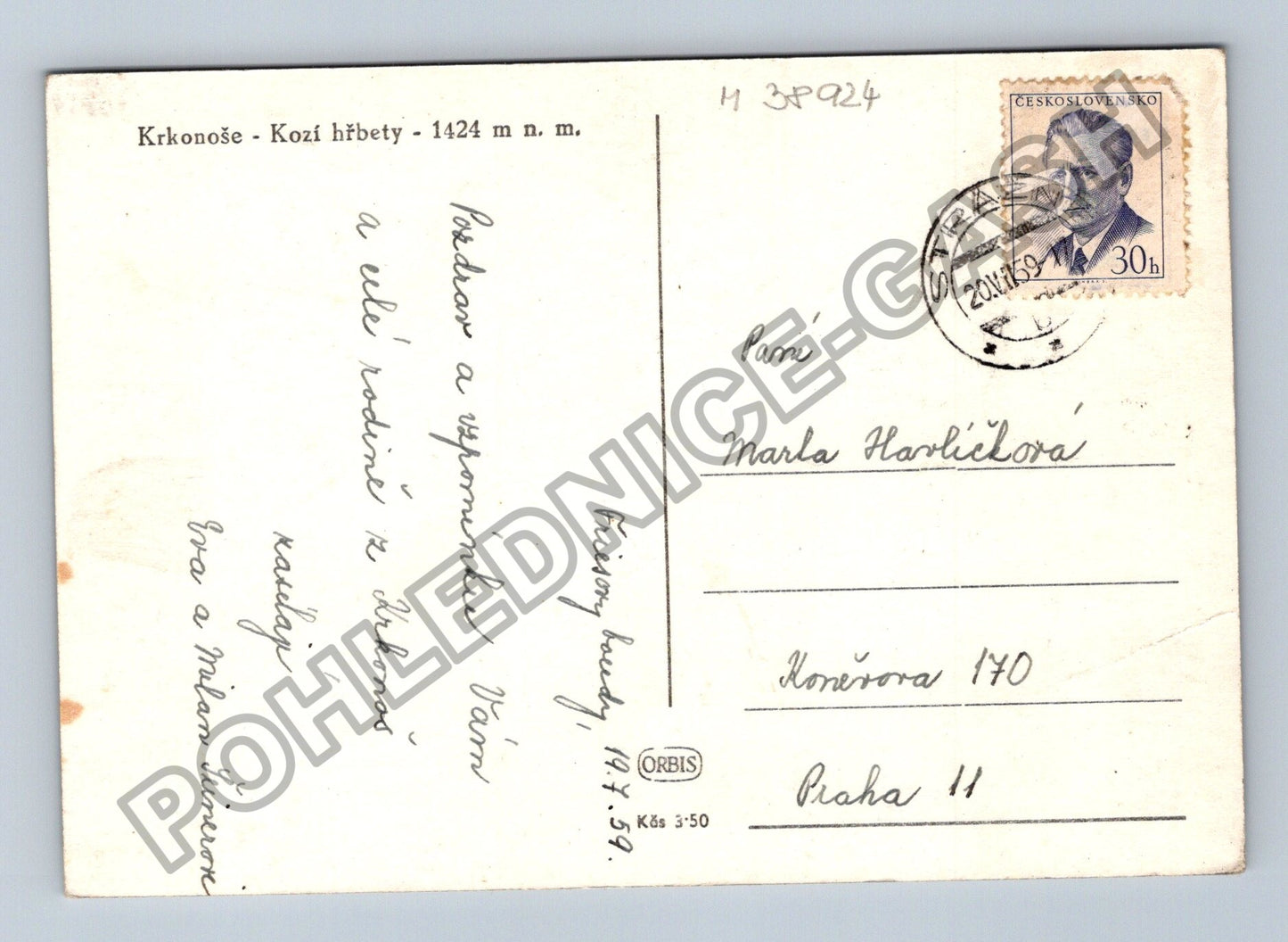 Pohlednice Krkonoše Kozí hřbety 1424 m n m 1959 (M38924)