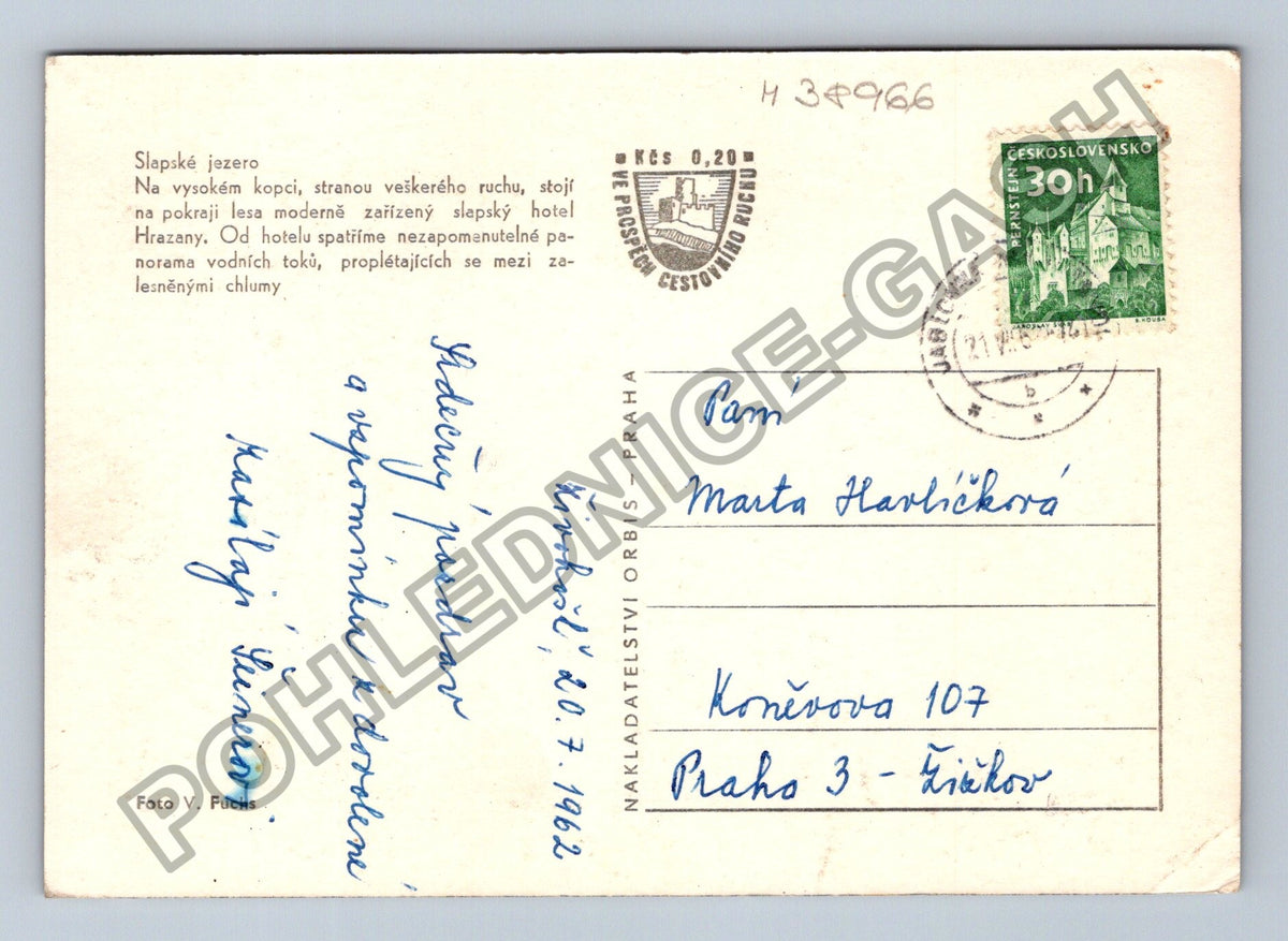 Pohlednice Slapy jezero Hrazany hotel Hrazany 1962 (M38966)