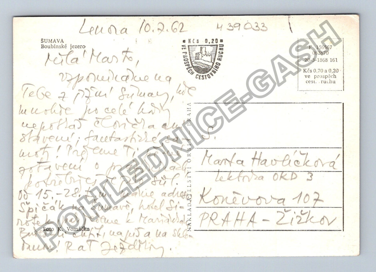 Pohlednice Šumava Boubínské jezero 1962 (M39033)