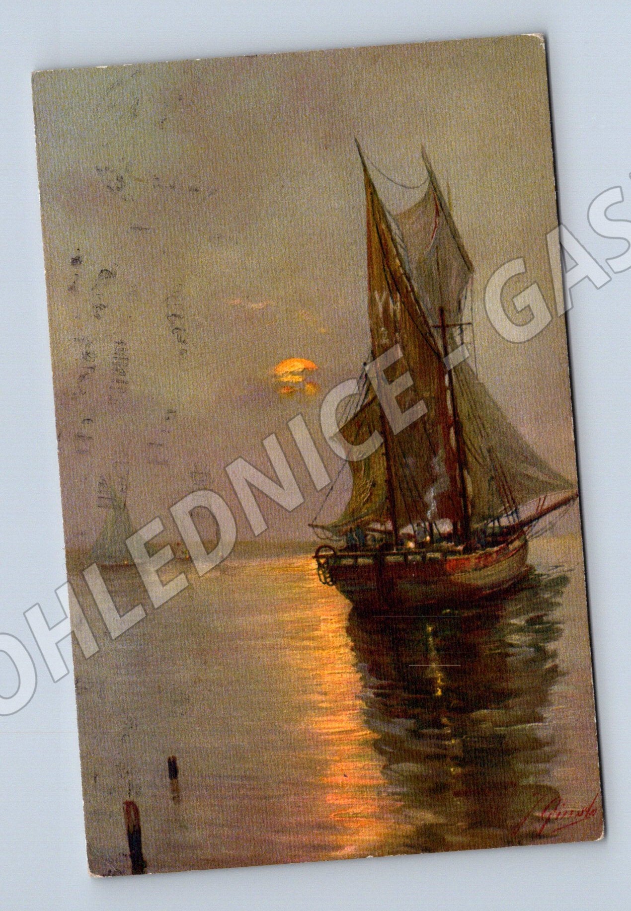 Pohlednice loď na vodě – západ slunce (M3907)